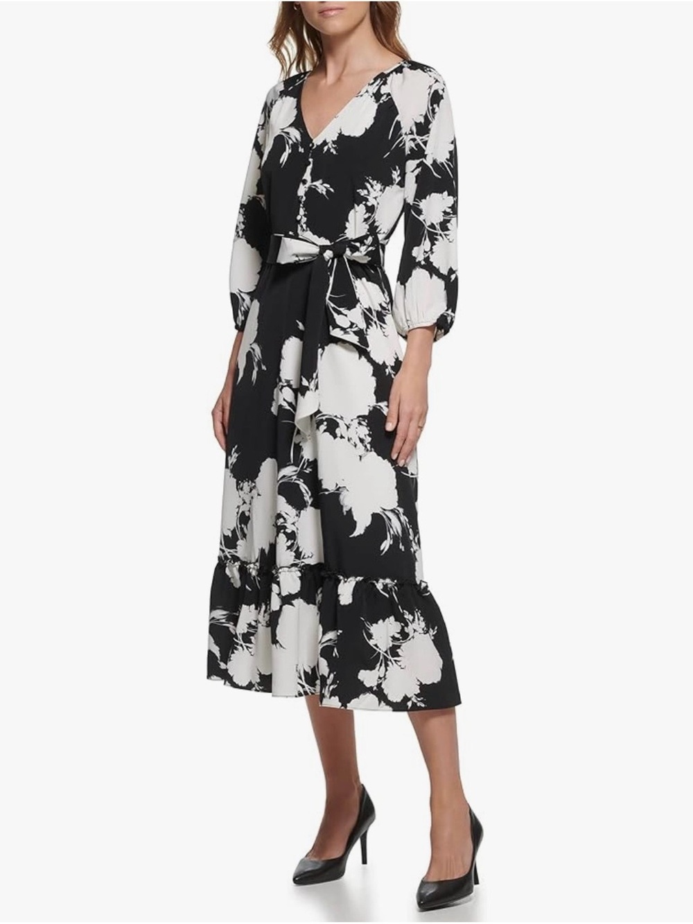 Karl Lagerfeld Paris Black & White Floral Midi Dress Size 6 - Picture 2 of 13